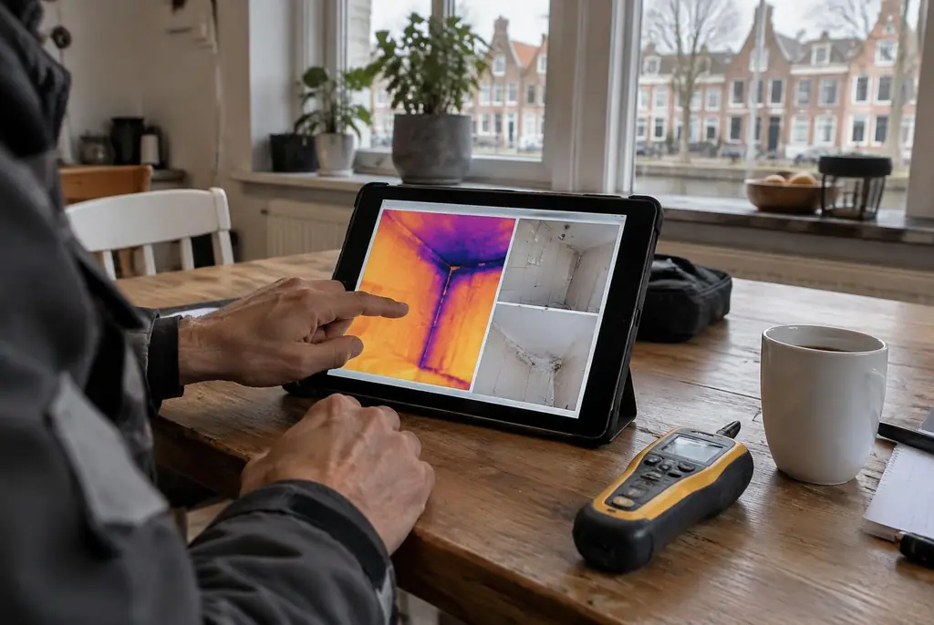 Lekdetectie Heerhugowaard – lekdetectierapport met warmtebeelden en foto's op een tablet