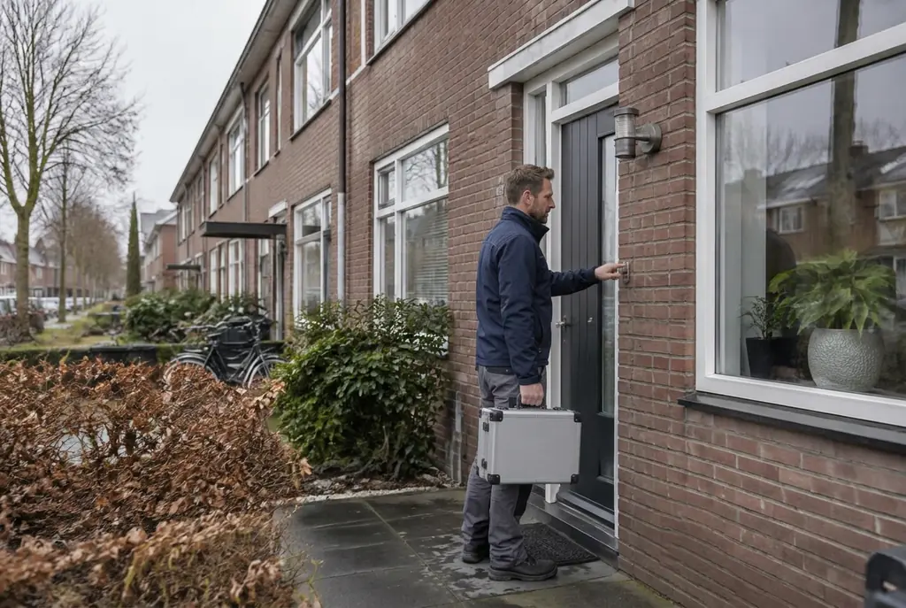 Lekdetectiespecialist met meetkoffer bij de voordeur van een woning in Heerhugowaard
